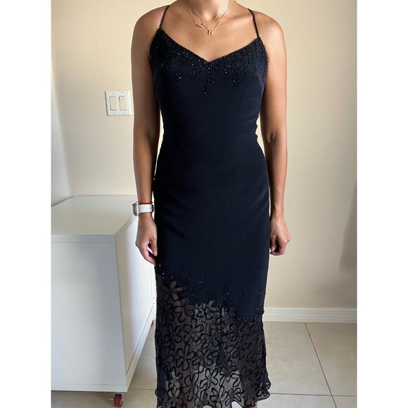 Cache Black Lace Beaded Crisscross Back Evening Formal Mermaid Dress Size 2 - Picture 1 of 15
